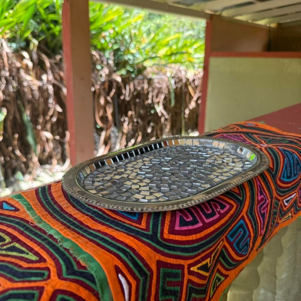 Oval Mirror Mosaic Tray Silver Tone Glass Metal‎ Decor Serving 11"